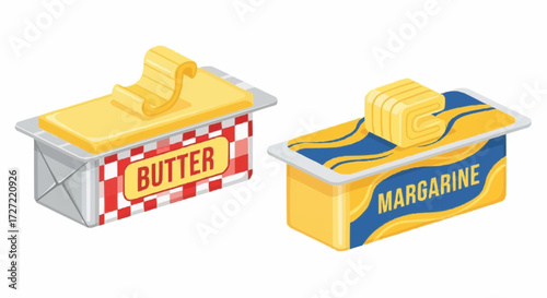 Butter versus margarine, a culinary choice represented with style, showcasing a comparison between dairy and plant-based spreads for baking, cooking, and healthy eating habits