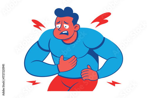 Cartoon Man Experiencing Chest and Abdominal Pain with Red Flash Pain Symbols