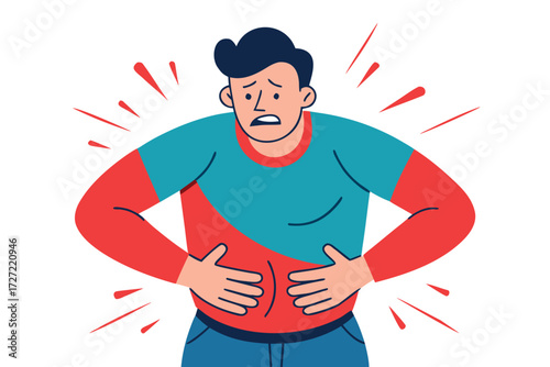 Cartoon Man Experiencing Abdominal Pain, Holding Stomach, Expressing Discomfort and Distress With Red Emphasizing Strokes