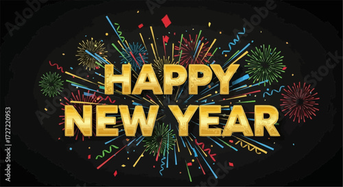 Ring in the New Year with Joyful Fireworks and Golden Greetings, Perfect for Festive Celebrations and Welcoming Fresh Beginnings, originally a scalable vector graphic