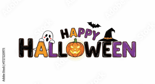 Spooky and fun Halloween design featuring a cute ghost, grinning jack-o'-lantern, and a black bat flying above a witch's hat, perfect for festive greeting cards and party invitations