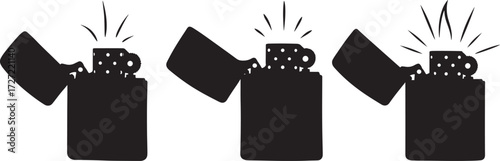 Three black silhouette lighters igniting