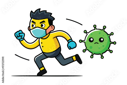 Cartoon Man in Mask and Gloves Running Away From Green Coronavirus Illustration Isolated