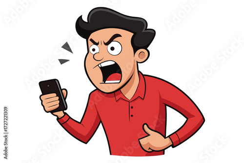 Cartoon Man in Red Shirt Yelling at Phone, Showing Frustration and Anger