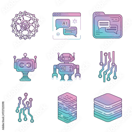 AI and Technology Icon Collection: A vibrant compilation of AI and technology icons, encompassing artificial intelligence, neural networks, robots, data servers, and circuit boards.