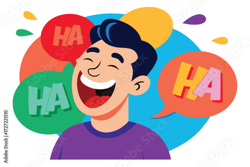 Cartoon Man Laughing Out Loud with Ha Speech Bubbles, Colorful and Dynamic Design