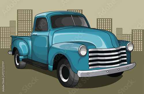 Blue vintage pickup truck illustration, retro automobile design with city background, nostalgic old transport concept art for branding and merchandise