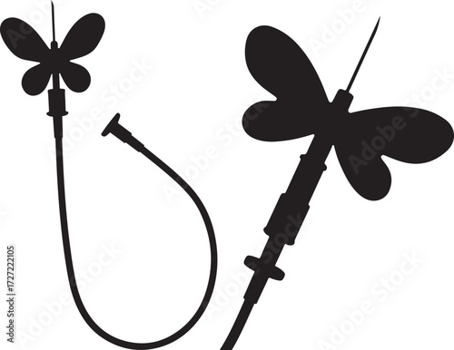 Two medical butterfly needles and iv tubing in black silhouette