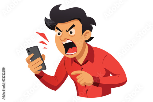 Cartoon Man Screaming at Phone, Red Shirt, Angered by Mobile Communication