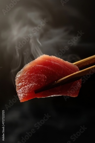 Tuna slices steaming with chopsticks