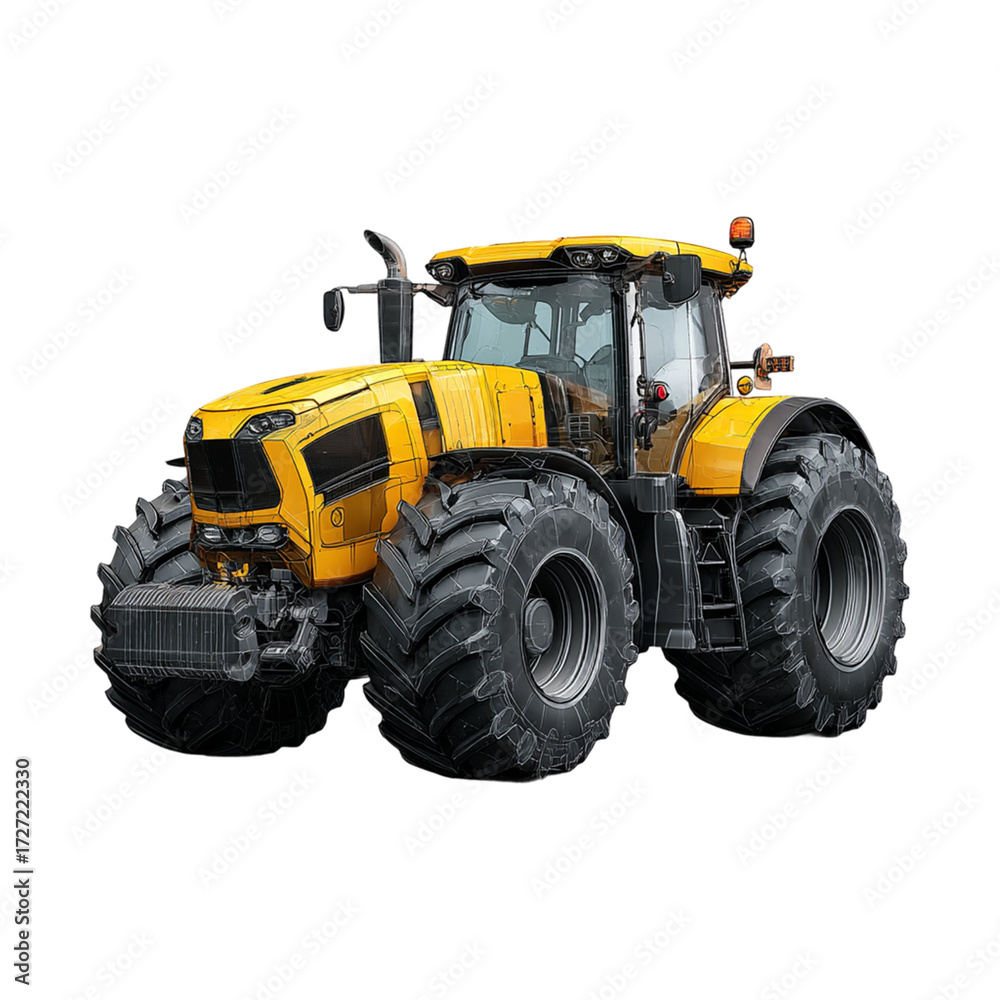 Obraz premium Modern yellow agricultural tractor with large rugged tires, heavy farm machinery for field work, plowing, harvesting, transport, and farming industry