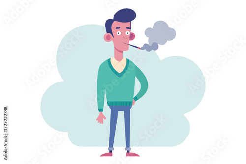 Cartoon Man Smoking Pipe with Smoke in VNeck Sweater and Blue Pants
