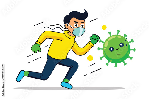 Cartoon Man Wearing a Mask and Gloves Running Away From a Large Coronavirus Illustration