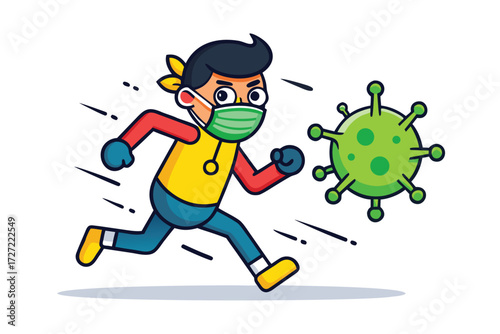 Cartoon Man Wearing Mask Running Away from Green Virus Illustration on White Background