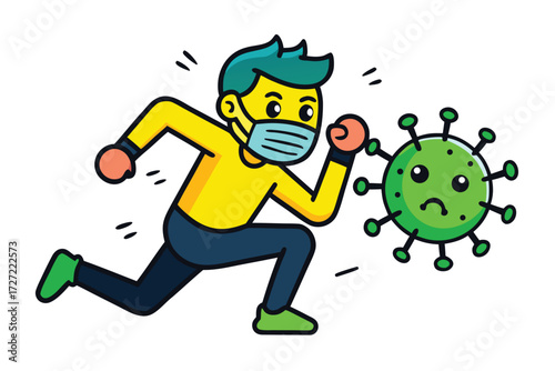 Cartoon Man Wearing Mask Runs Away from Sad Coronavirus Cell Illustration