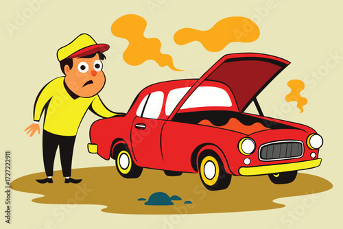 Cartoon Mechanic Staring at Broken Down Red Car with Smoke Coming from Engine
