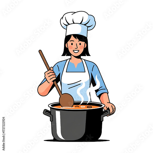 Smiling female chef cooking preparing meal in kitchen with pot and spoon