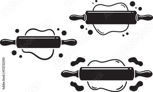 Three vintage rolling pin baking icons with dough splatters silhouette