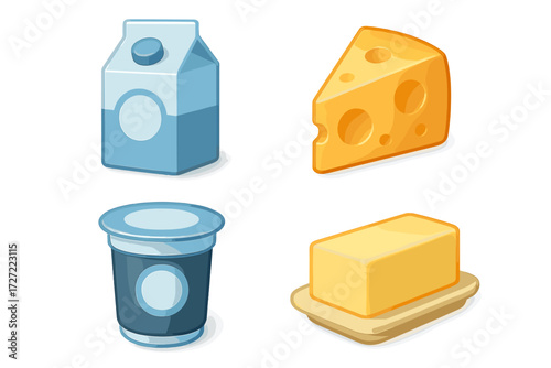 Assortment of fresh dairy products including milk carton, cheese wedge, yogurt cup, and butter stick