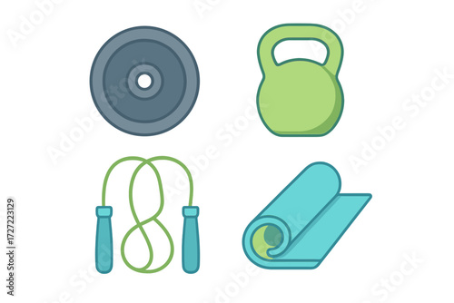 Diverse collection of gym and home workout equipment featuring weight plate kettlebell jump rope and yoga mat