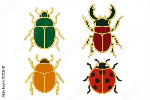 A vibrant collection of stylized beetle insects, each featuring a distinct color and a golden outline, with a shiny enamel appearance