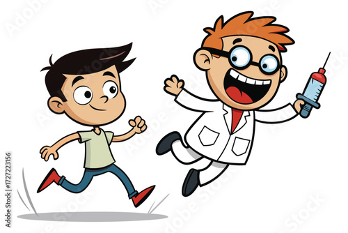 Cartoon of a Boy Running From a Smiling Cartoon Scientist With Syringe in Hand