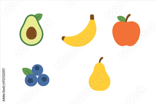 Collection of fresh healthy fruits including avocado banana apple blueberries and pear on a clean white background