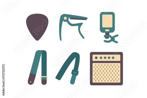 Essential guitar accessories and music equipment set featuring pick, capo, tuner, strap, and amplifier