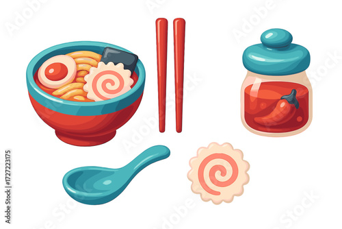 Traditional Japanese ramen noodle soup with egg, narutomaki, and seaweed toppings alongside chopsticks and spicy chili oil