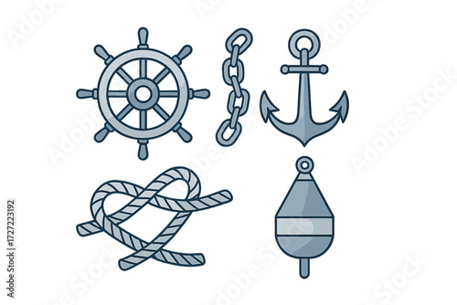 Collection of nautical elements including ship wheel, anchor, chain, rope knot, and buoy on white background