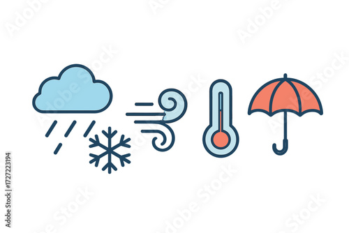 Essential weather forecast symbols depicting atmospheric conditions including rain, snow, wind, temperature, and protection