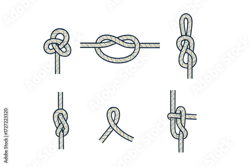 Assortment of essential rope knots including figure eight, square, and bowline for nautical and outdoor use