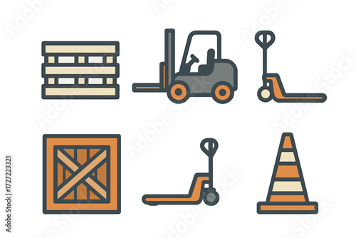 Warehouse logistics equipment and shipping supplies including forklift, pallet jack, wooden crate, and traffic cone