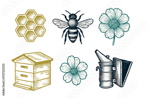 Engraved style beekeeping elements set featuring honey bee, beehive, honeycomb, blooming flowers, and essential smoker tool