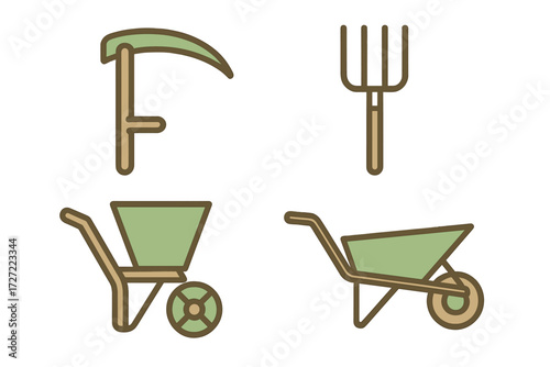 Set of essential gardening and farming tools including scythe, pitchfork, and various wheelbarrows for agricultural work