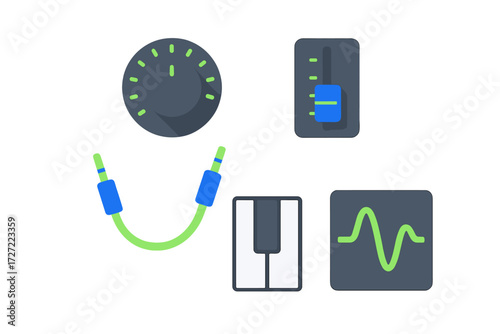 Set of audio production controls and sound equipment icons for music studio interface and digital sound engineering applications