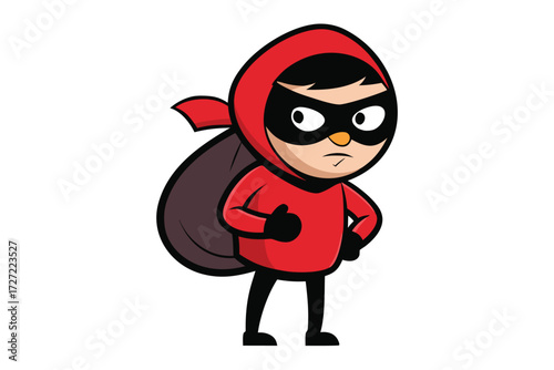 Cartoon Thief in Red Hood with Sack, Wearing Mask, Illustration