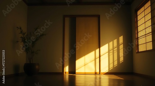 Traditional Korean Hanok Sliding Door with Bamboo Silhouette at Sunrise