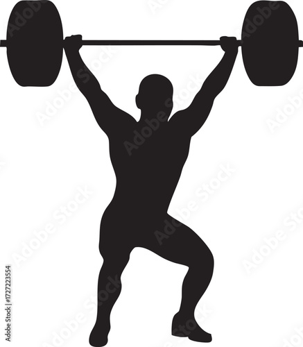 Silhouette of a Weightlifter Performing a Snatch or Clean and Jerk Lift, Black Vector Illustration, Silhouettes