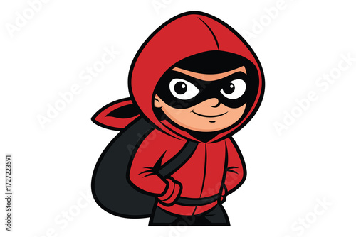 Cartoon Thief with Red Hoodie, Black Mask, and Sack on Back, Isolated