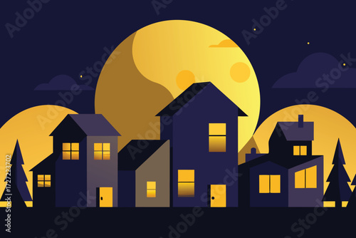 Cartoon Townscape at Night Houses Under a Big Yellow Moon and Stars