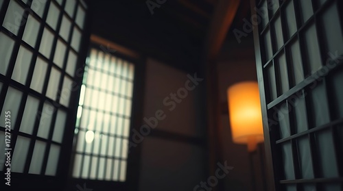 Traditional Korean Hanok Sliding Door with Bamboo Silhouette at Sunrise