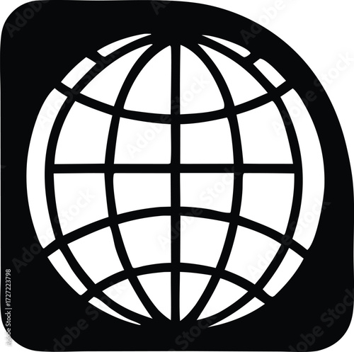 Modern black and white globe icon representing global connectivity technology and the internet worldwide network access