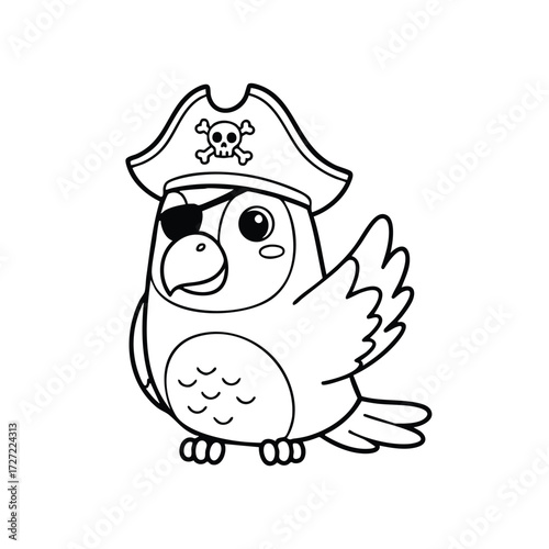 A playful parrot dressed as a pirate, complete with an eye patch and a skull-adorned hat, ready for adventure.