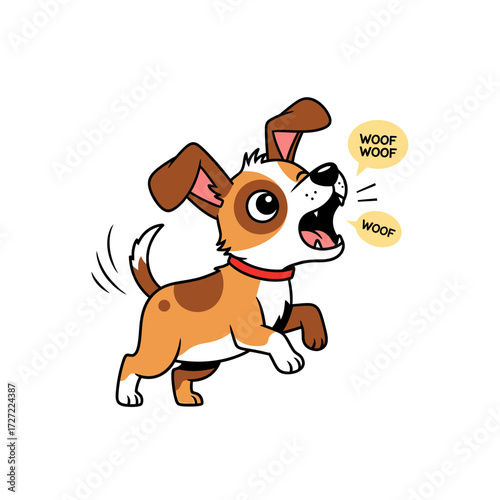 Cartoon Dog MidJump Barking with Speech Bubbles Saying Woof