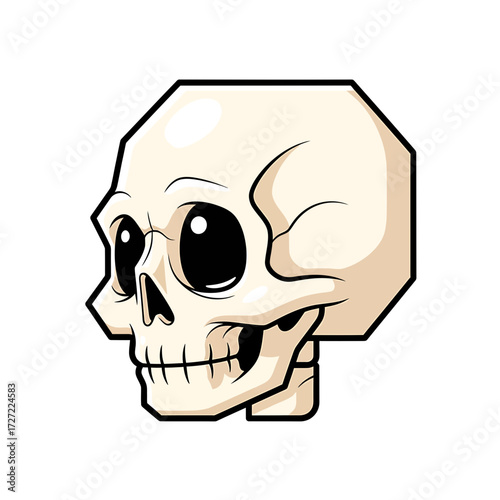 Cartoonish Skull with Large Eyes and Geometric Head Shape in Profile View