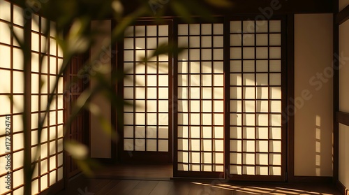 Traditional Korean Hanok Sliding Door with Bamboo Silhouette at Sunrise