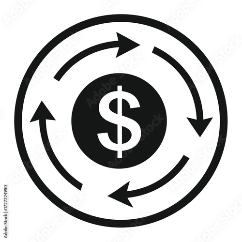 Financial Cycle Black and White Dollar Sign in Rotating Arrow Circle Illustration