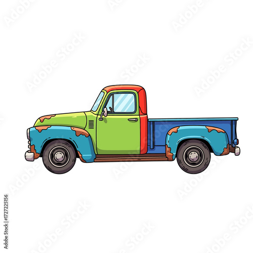 Cartoonish Colorful Vintage Pickup Truck with Rust Accents and Detailed Tires