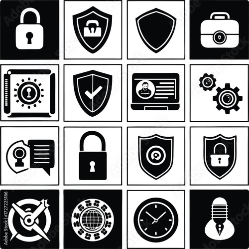 Security icons collection digital protection symbols privacy safeguard technology safety data lock shield briefcase safe laptop gears ideas time